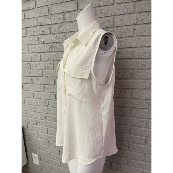 Ann Taylor Women Ivory Sleeveless Textured Utility Button Down Shirt Size L - Picture 4 of 10